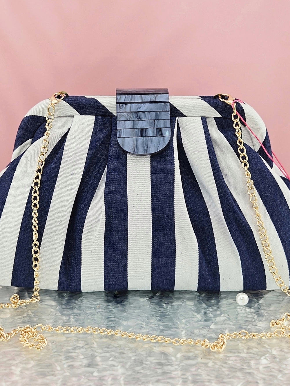 Isaac Mizrahi Navy Striped Clutch Gold Chain Nautical Classic Vacation Summer